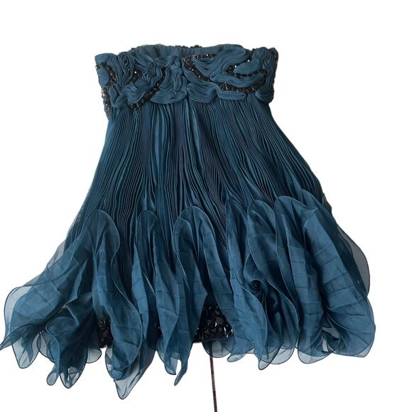 Marchesa Silk Knife Pleated Party Dress Strapless Black Crystals Teal 4 NWT - Picture 2 of 12